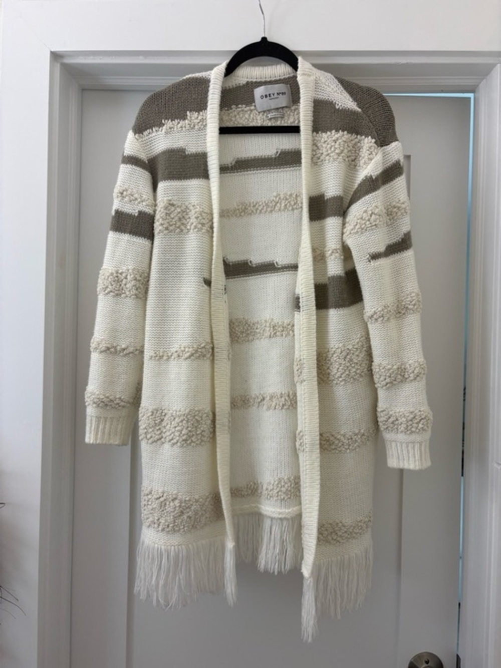 Obey Cream and Taupe Striped Fringe Open Cardigan